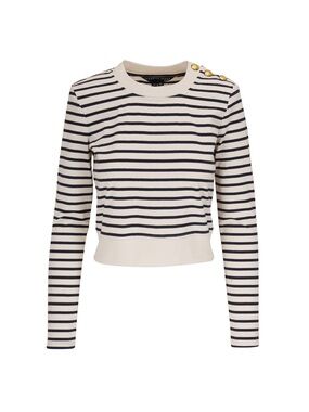 Veronica Beard Samson Ecru Navy Striped Gold Button Top